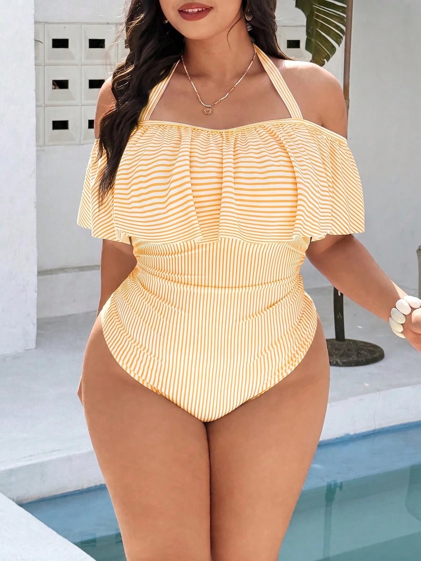Swim Vcay Plus Size Women's Simple Casual Beach Vacation Blue & White Plaid Random Print Halter Neck Tie Ruffle One-Piece Swimsuit