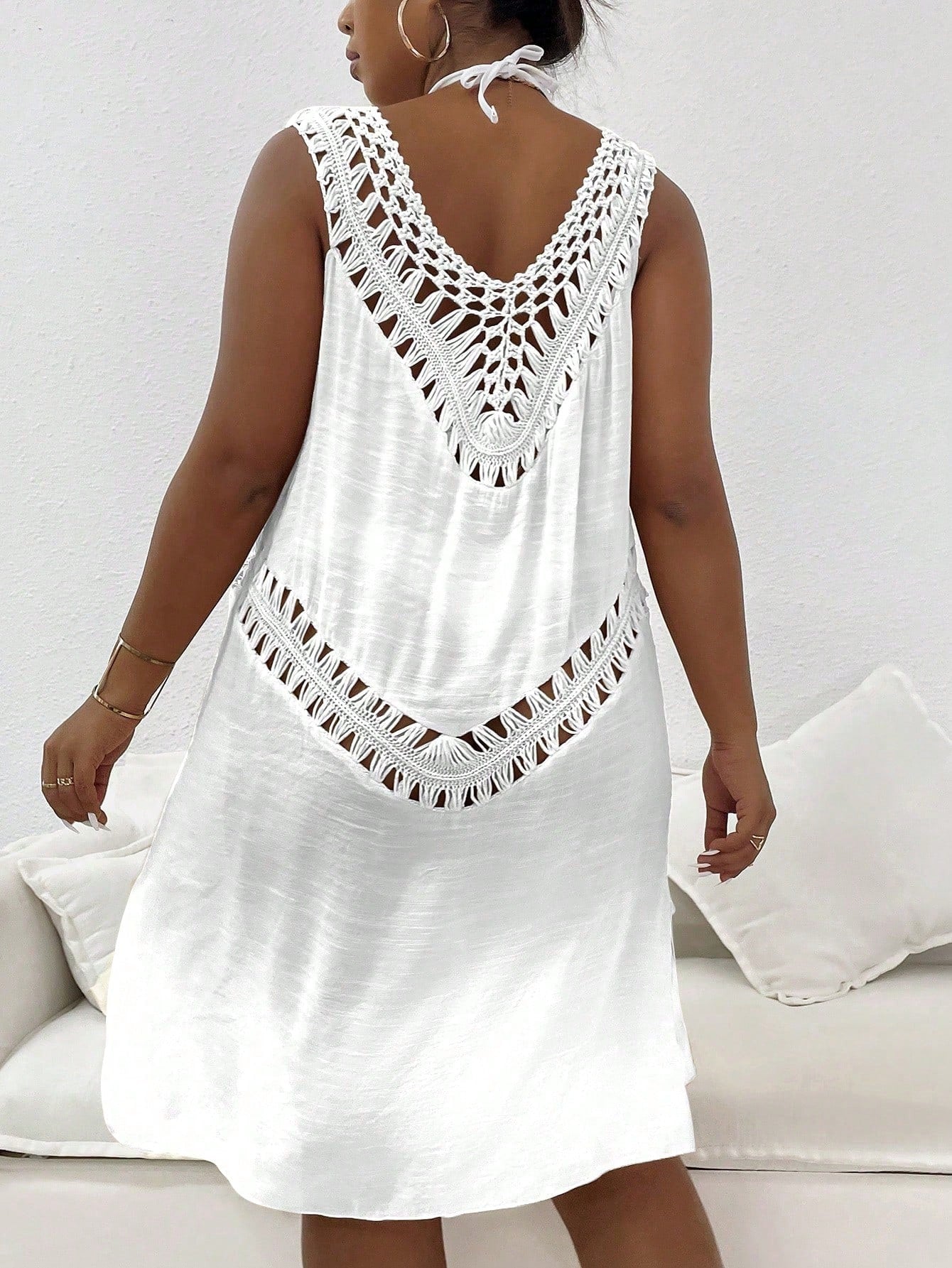 Swim Vcay Plus Size Women Solid Color Knitted Crochet V-Neck Vest, Bohemian Casual Beach Bikini Cover Up, Summer