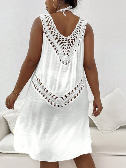 Swim Vcay Plus Size Women Solid Color Knitted Crochet V-Neck Vest, Bohemian Casual Beach Bikini Cover Up, Summer