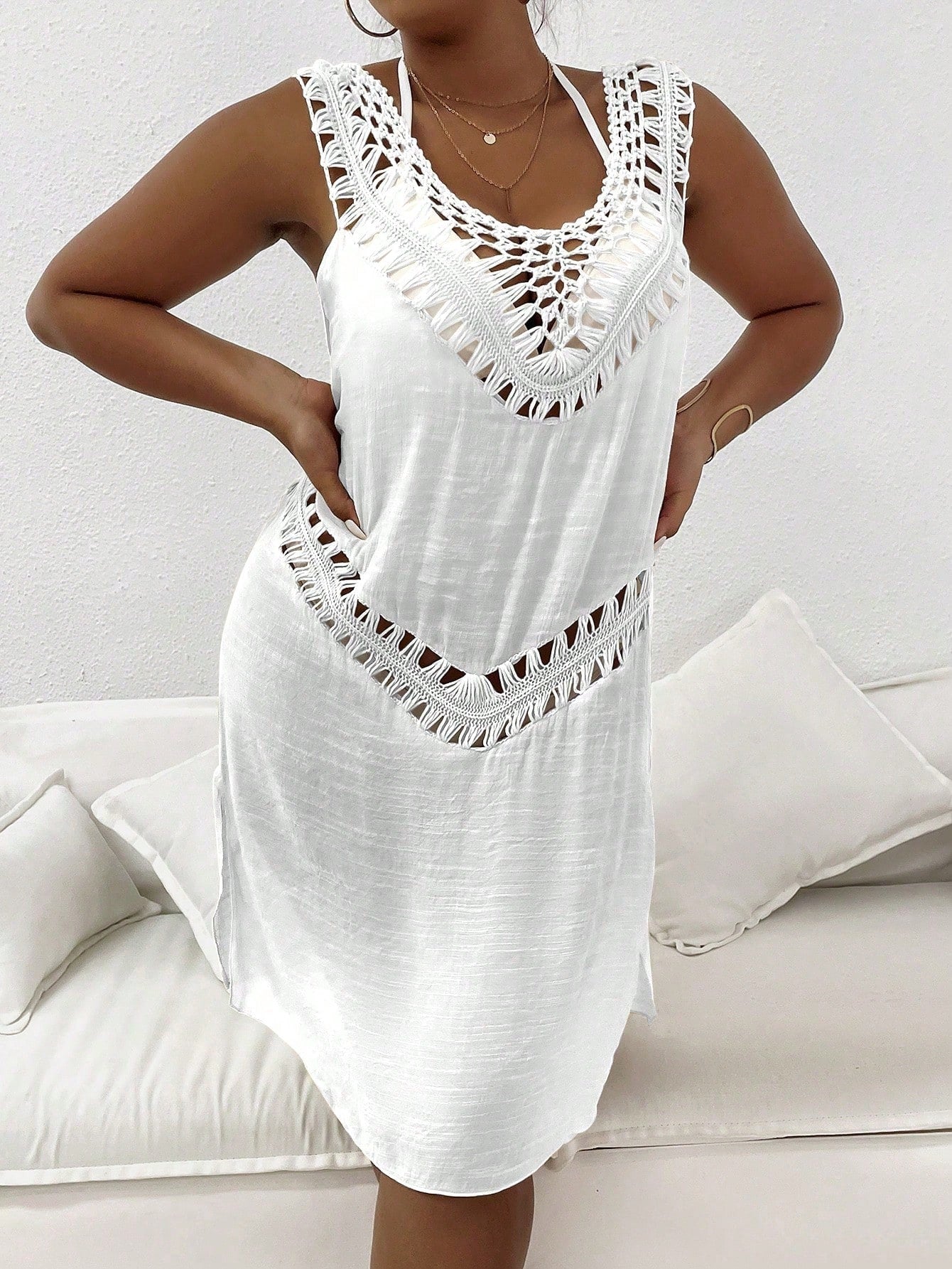 Swim Vcay Plus Size Women Solid Color Knitted Crochet V-Neck Vest, Bohemian Casual Beach Bikini Cover Up, Summer