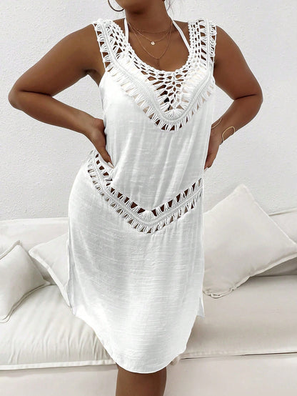 Swim Vcay Plus Size Women Solid Color Knitted Crochet V-Neck Vest, Bohemian Casual Beach Bikini Cover Up, Summer