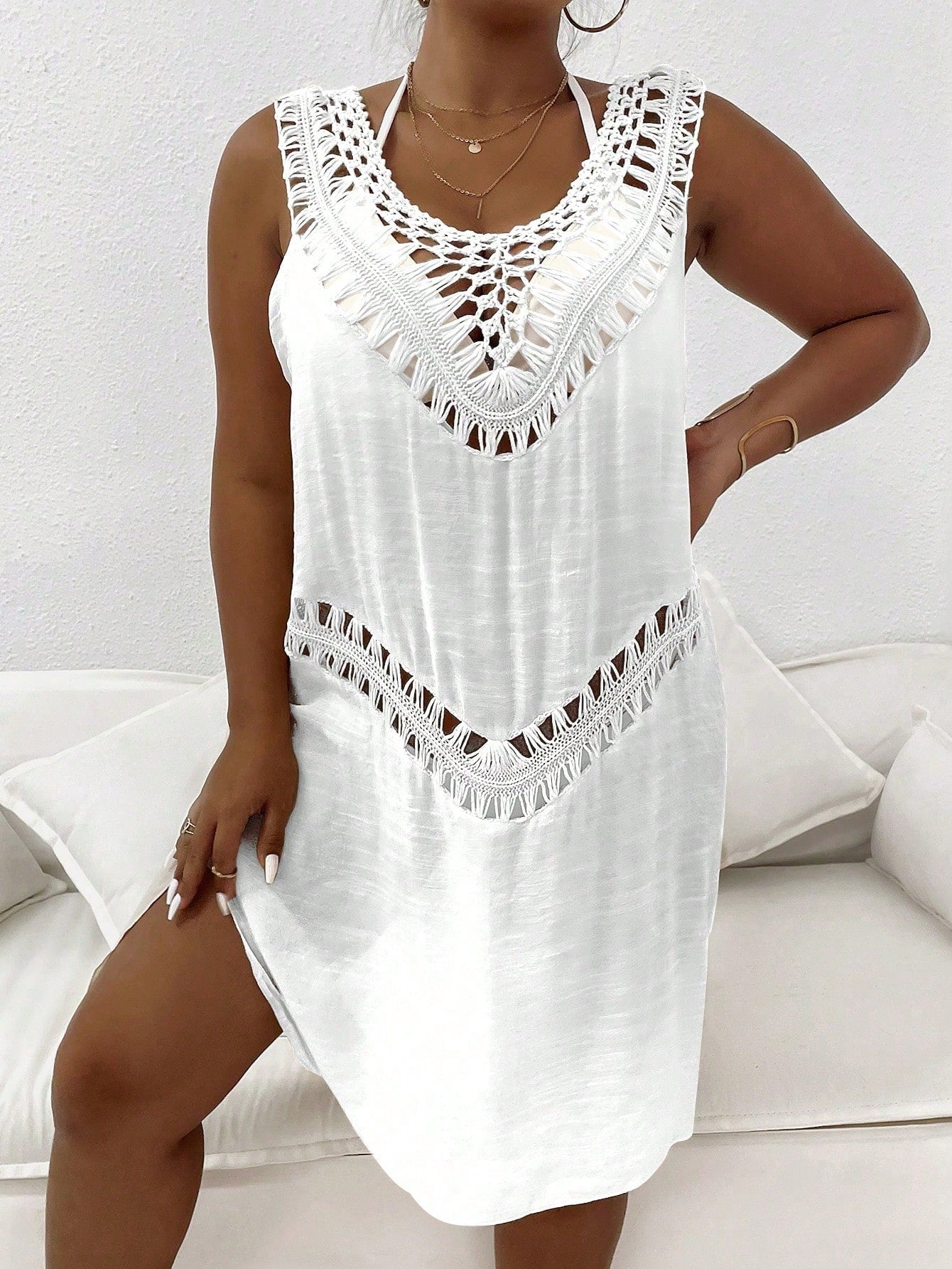 Swim Vcay Plus Size Women Solid Color Knitted Crochet V-Neck Vest, Bohemian Casual Beach Bikini Cover Up, Summer