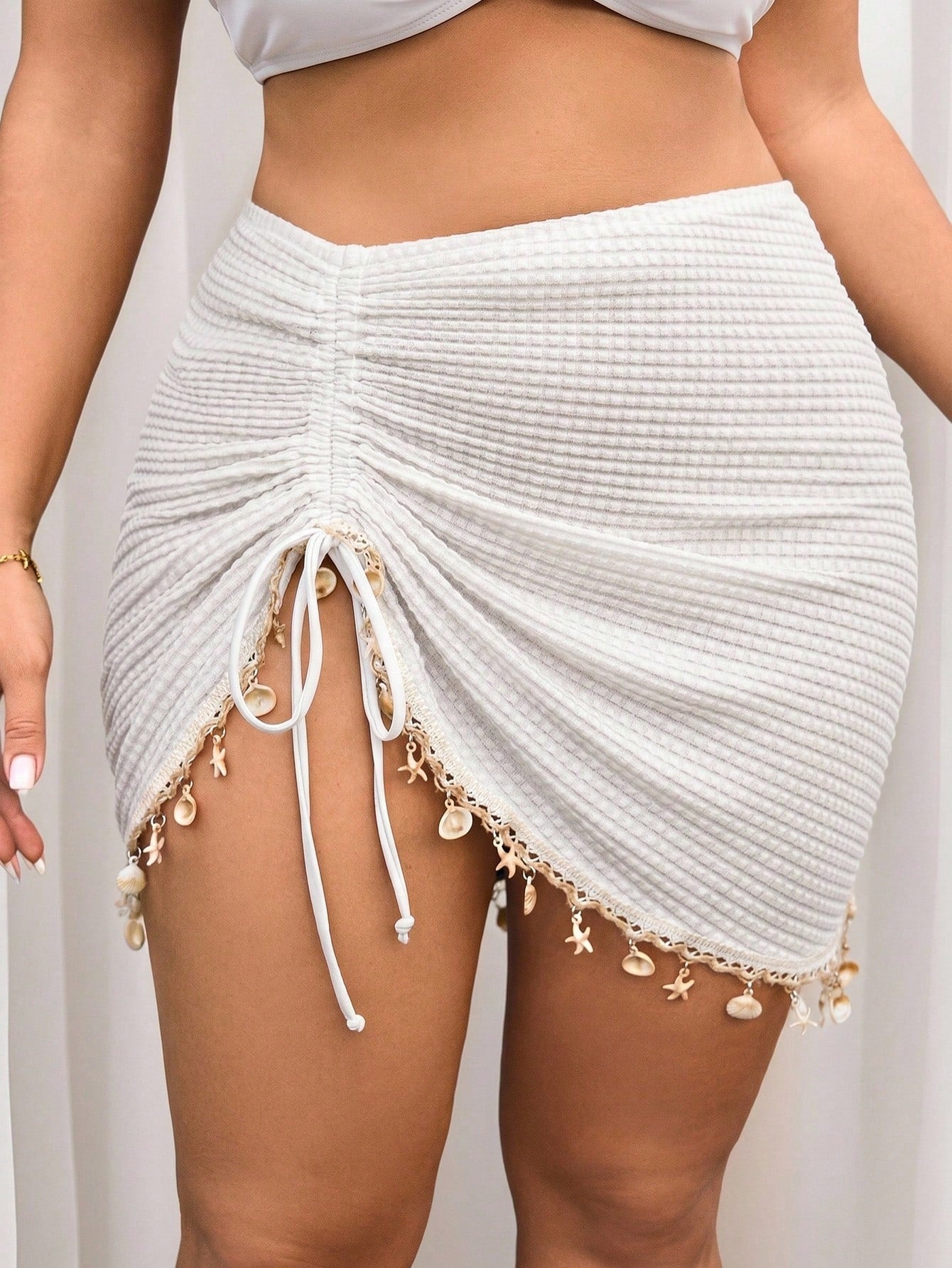Swim Vcay Plus Size Women Summer Beach Vacation Drawstring Ruched Starfish Shell Tassel Solid Color Special Texture Fabric Split Hem Skirt