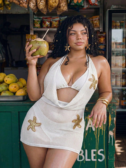Swim Vcay Spring/Summer Vacation Coffee Brown Cowl Neck Sparkling Starfish Hollow Out Plus Size Dress Beach Beach Vacation Cover-Up For Women Sexy