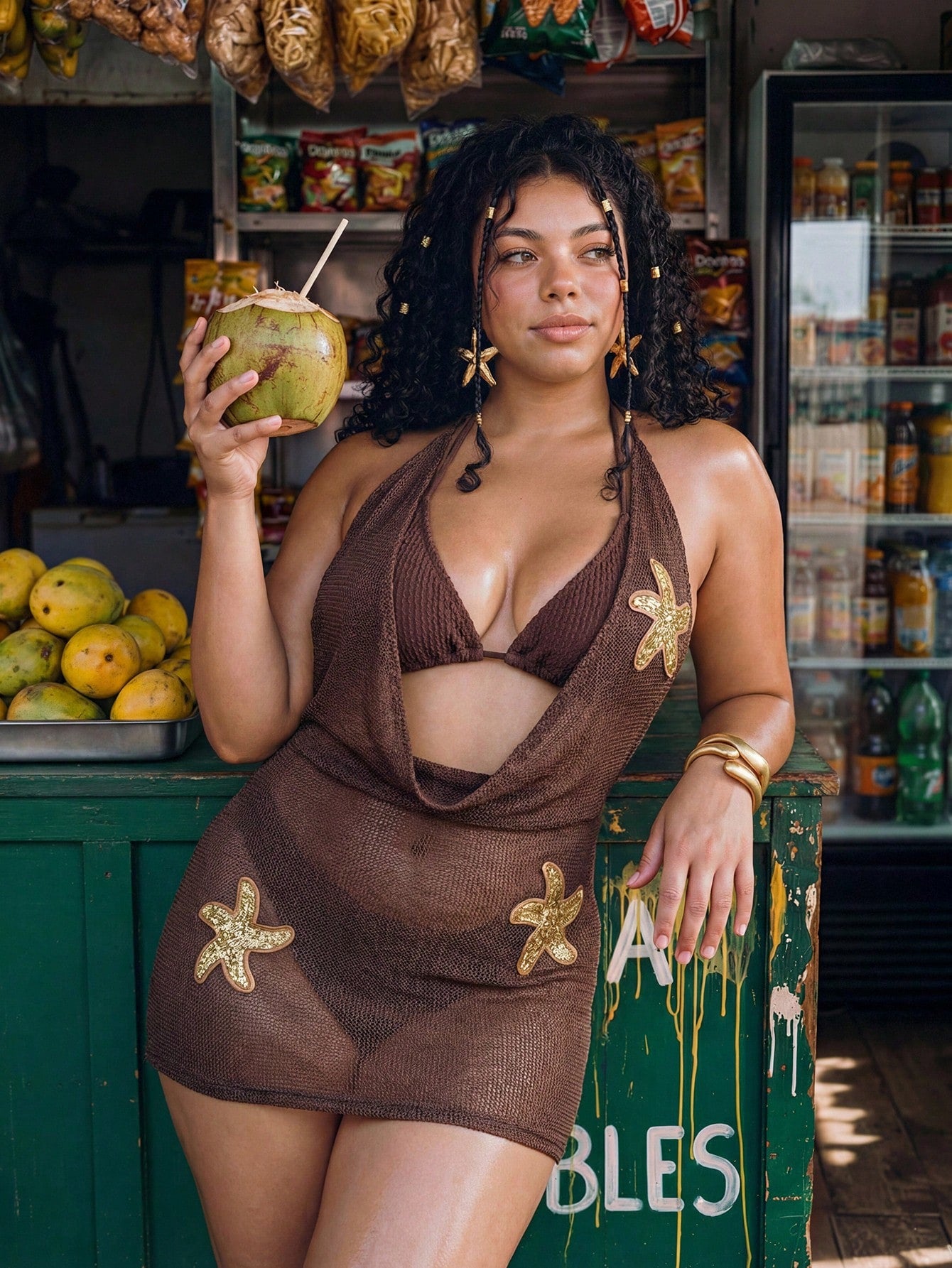 Swim Vcay Spring/Summer Vacation Coffee Brown Cowl Neck Sparkling Starfish Hollow Out Plus Size Dress Beach Beach Vacation Cover-Up For Women Sexy