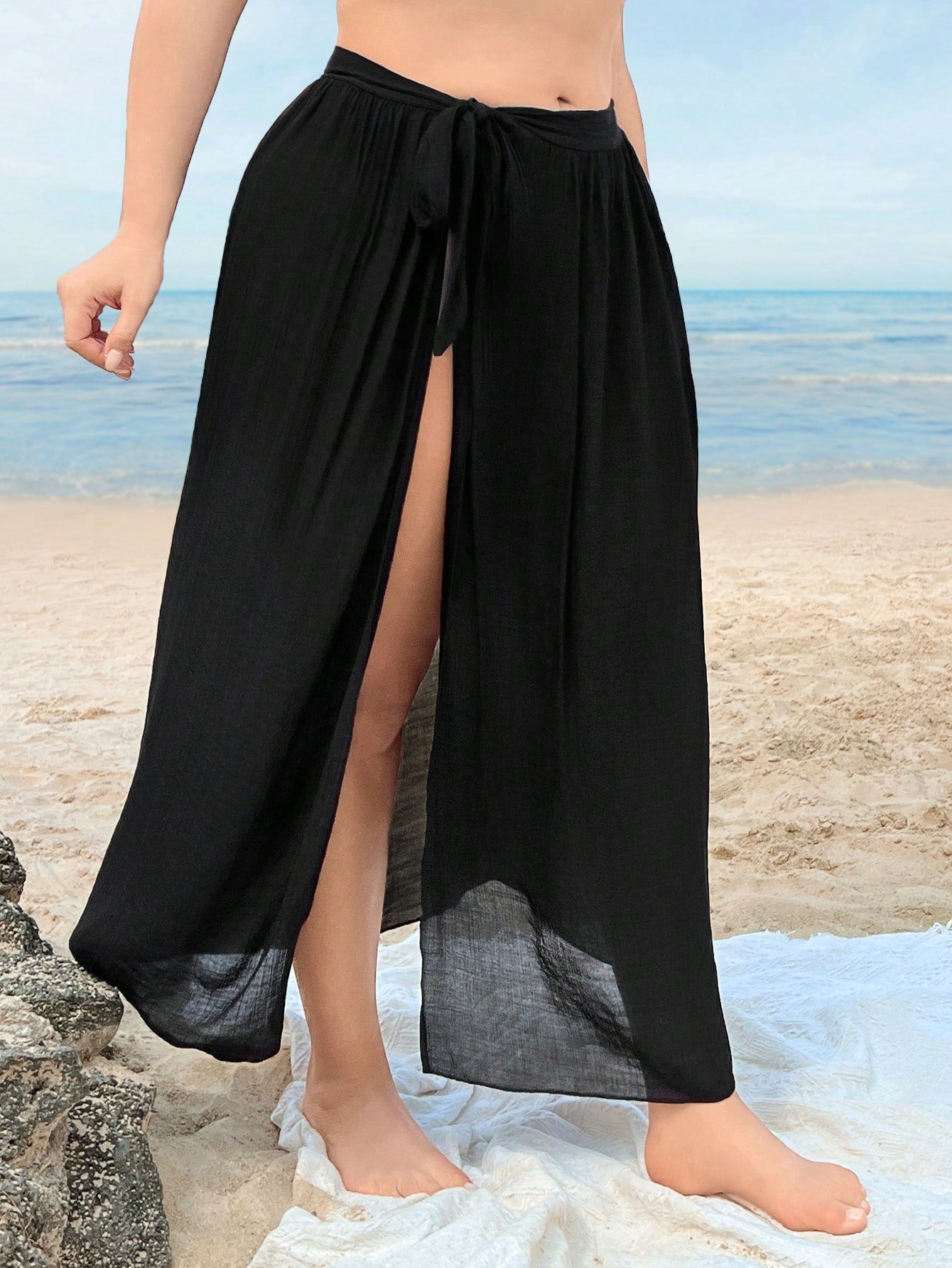 Swim Vcay Summer Beach Plus Solid Tie Side Cover Up Skirt