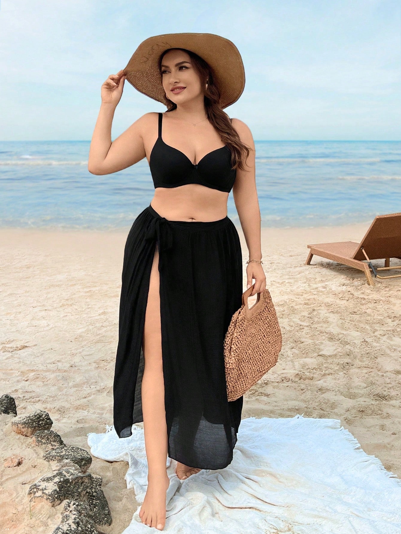 Swim Vcay Summer Beach Plus Solid Tie Side Cover Up Skirt