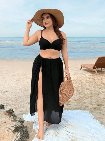 Swim Vcay Summer Beach Plus Solid Tie Side Cover Up Skirt