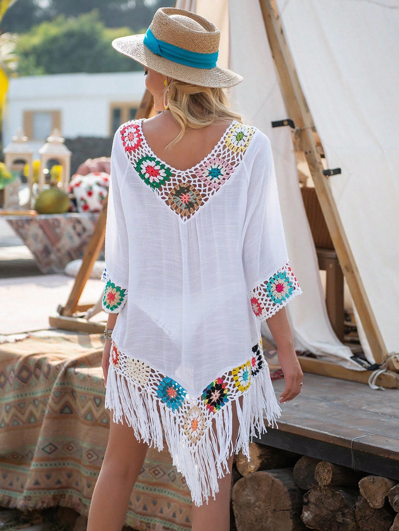 Swim Vcay Summer Beach Women's Loose V-Neck Tassel Hem Beach Casual Cover Up