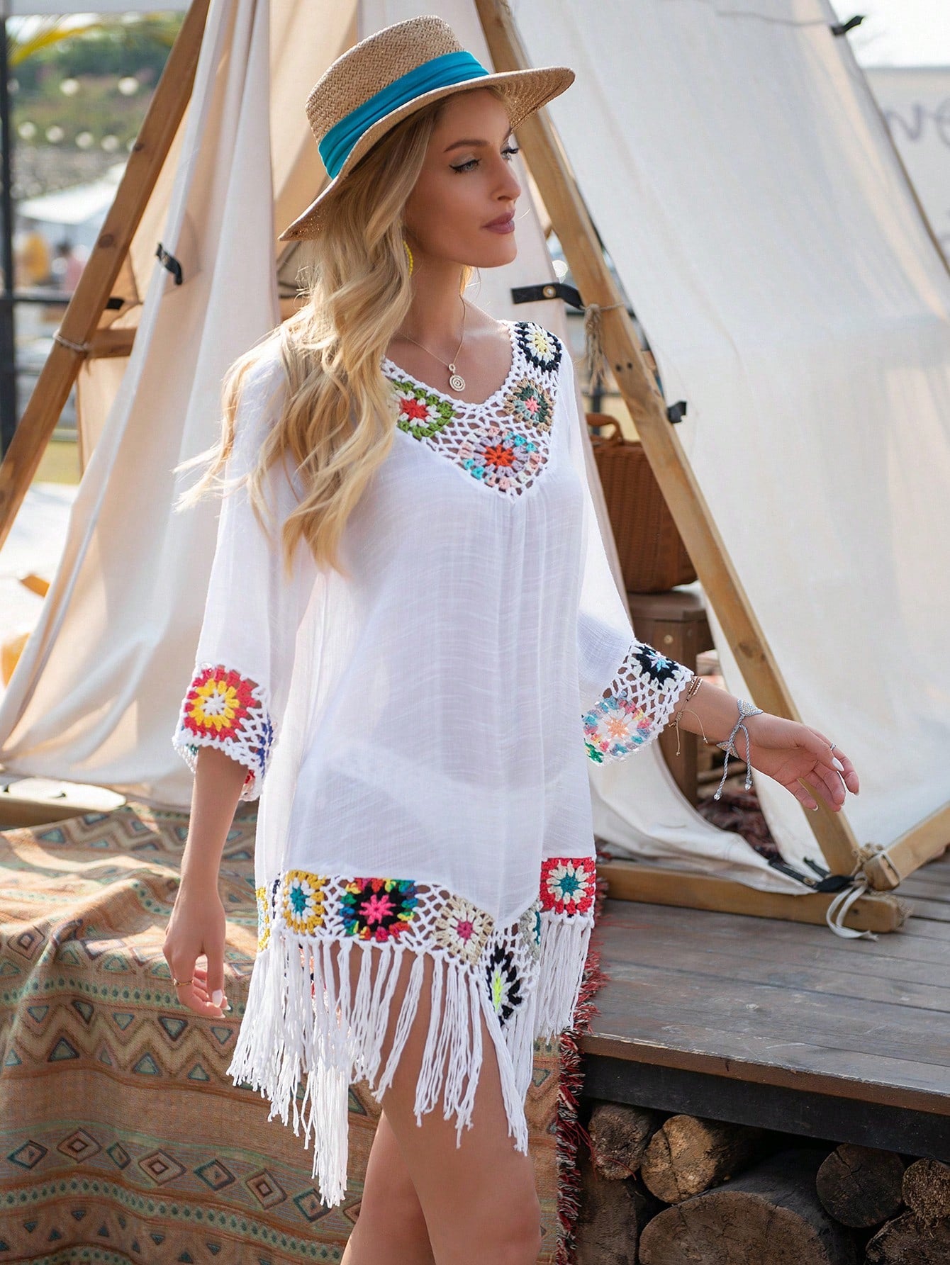 Swim Vcay Summer Beach Women's Loose V-Neck Tassel Hem Beach Casual Cover Up
