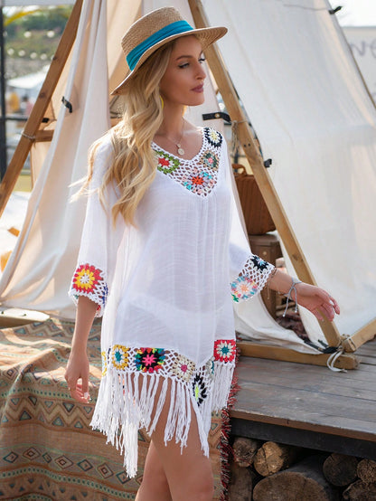Swim Vcay Summer Beach Women's Loose V-Neck Tassel Hem Beach Casual Cover Up