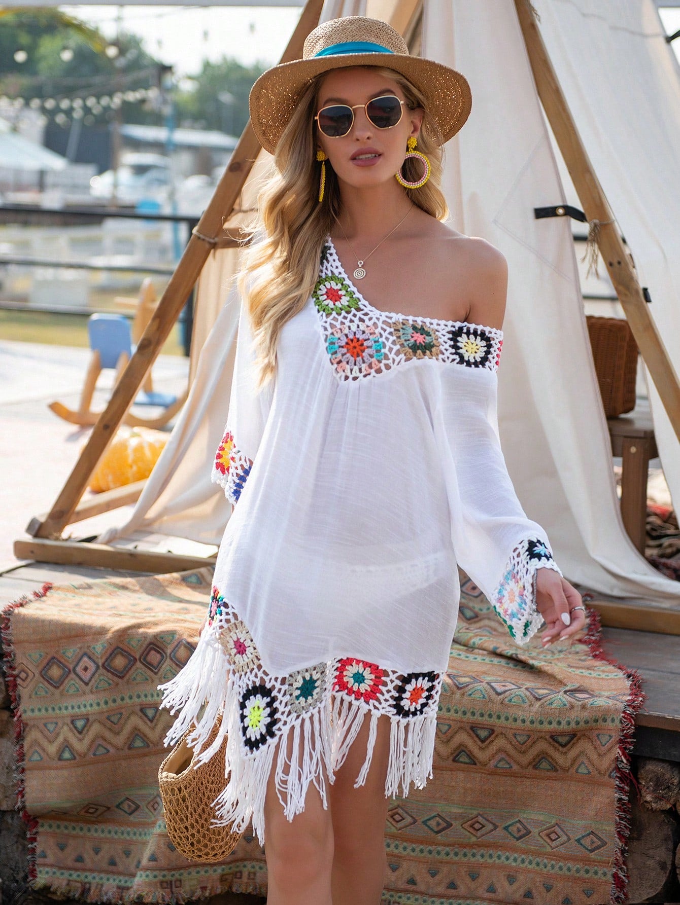 Swim Vcay Summer Beach Women's Loose V-Neck Tassel Hem Beach Casual Cover Up