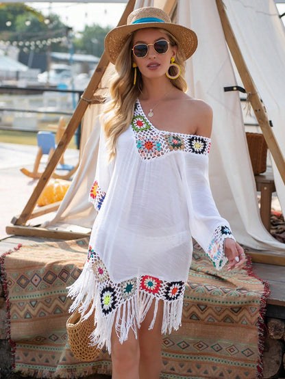 Swim Vcay Summer Beach Women's Loose V-Neck Tassel Hem Beach Casual Cover Up