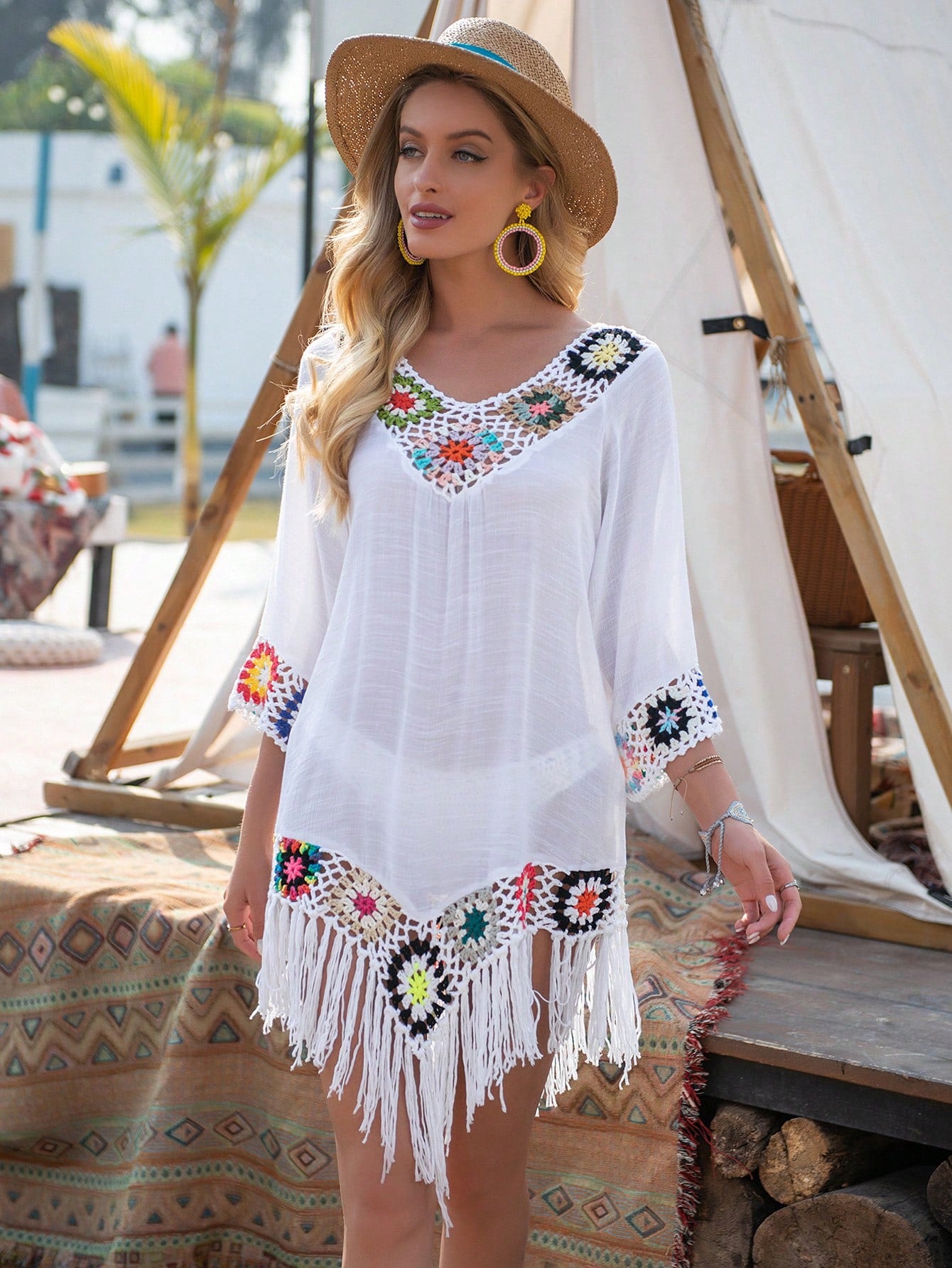 Swim Vcay Summer Beach Women's Loose V-Neck Tassel Hem Beach Casual Cover Up