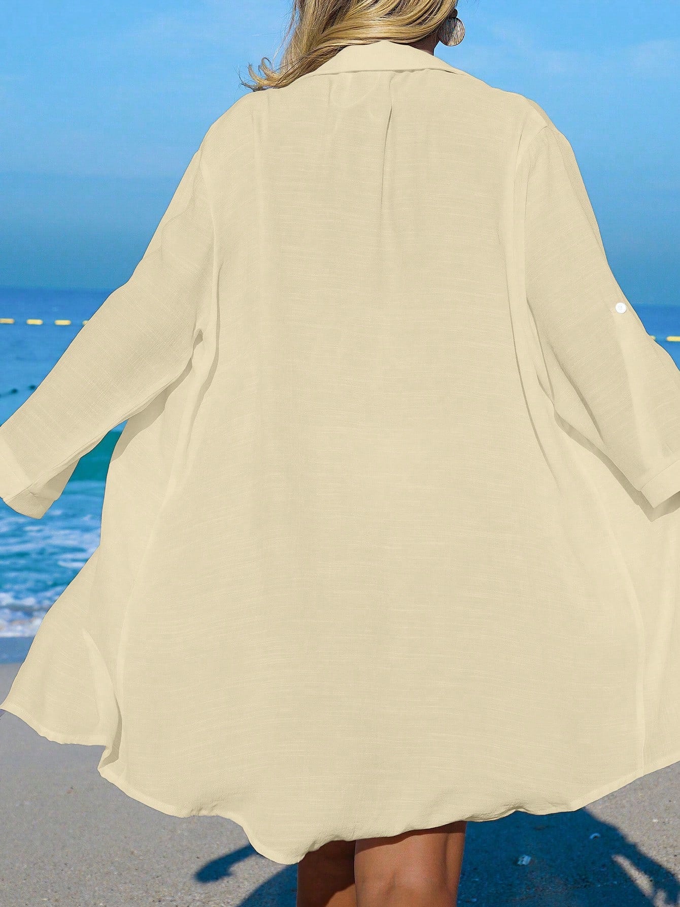 Swim Vcay Women's Beige Coconut Tree Button Casual Tropical Vacation Beach Beach Party Vacation Kimono Cover Up Summer