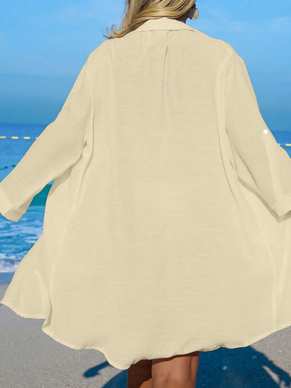 Swim Vcay Women's Beige Coconut Tree Button Casual Tropical Vacation Beach Beach Party Vacation Kimono Cover Up Summer