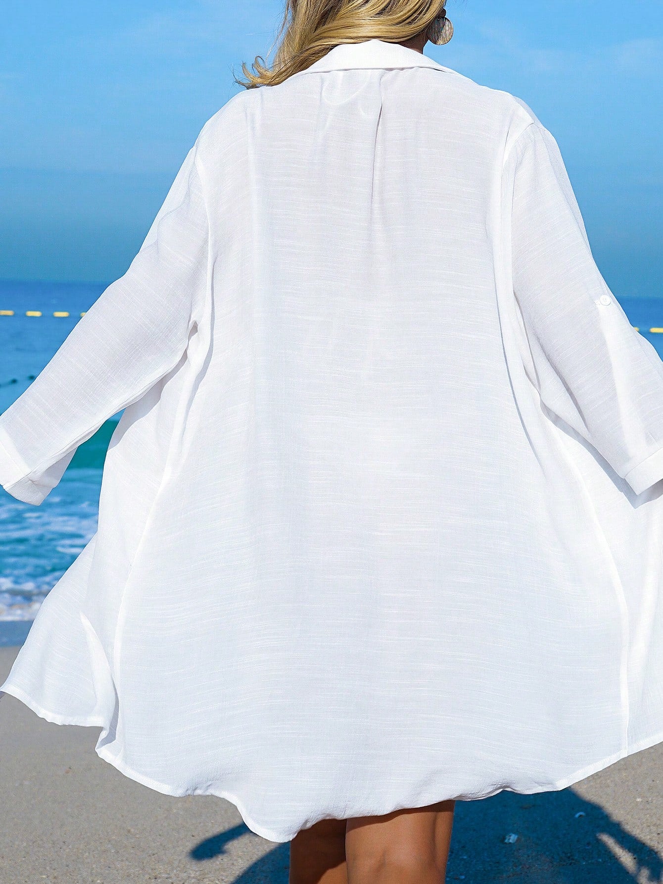 Swim Vcay Women's Beige Coconut Tree Button Casual Tropical Vacation Beach Beach Party Vacation Kimono Cover Up Summer