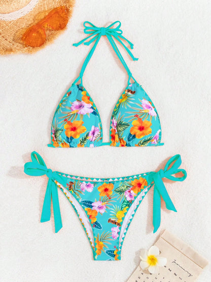 Swim Vcay Women's Floral Print Halter Tie Sexy Bikini Set For Summer Beach