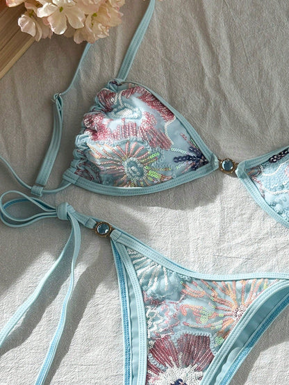 Swim Vcay Women's Light Blue Floral 2-Piece Swimwear Summer Transparent Beach Party Holiday Holiday Sequin Textured Blue Pearlescent Side Tie Bottom Set