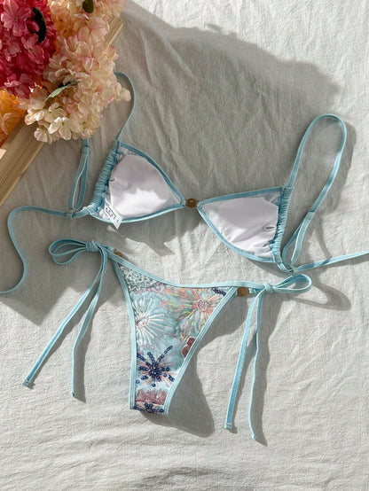 Swim Vcay Women's Light Blue Floral 2-Piece Swimwear Summer Transparent Beach Party Holiday Holiday Sequin Textured Blue Pearlescent Side Tie Bottom Set