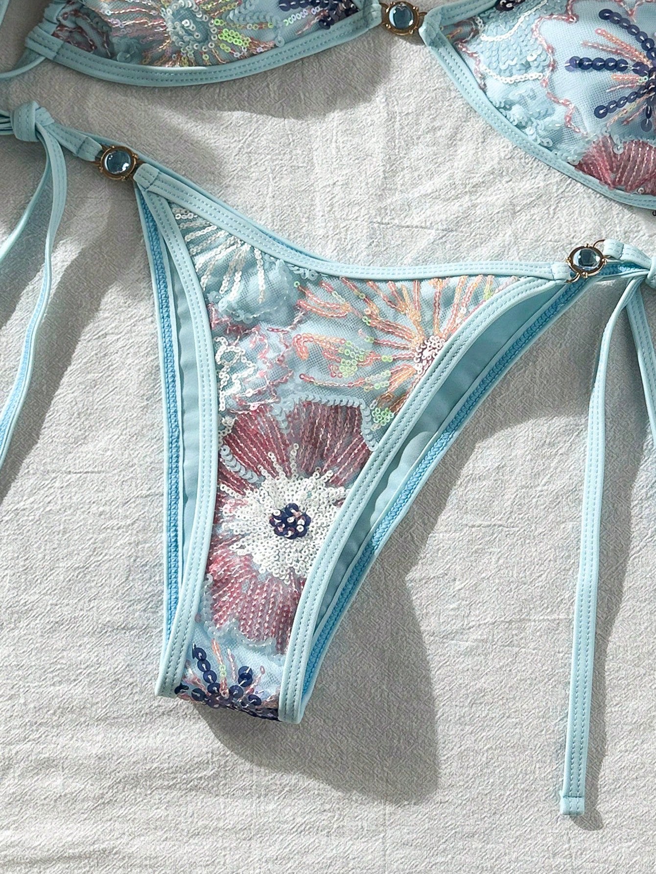 Swim Vcay Women's Light Blue Floral 2-Piece Swimwear Summer Transparent Beach Party Holiday Holiday Sequin Textured Blue Pearlescent Side Tie Bottom Set