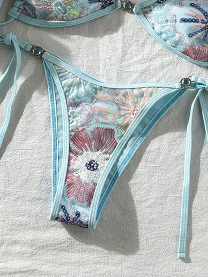 Swim Vcay Women's Light Blue Floral 2-Piece Swimwear Summer Transparent Beach Party Holiday Holiday Sequin Textured Blue Pearlescent Side Tie Bottom Set