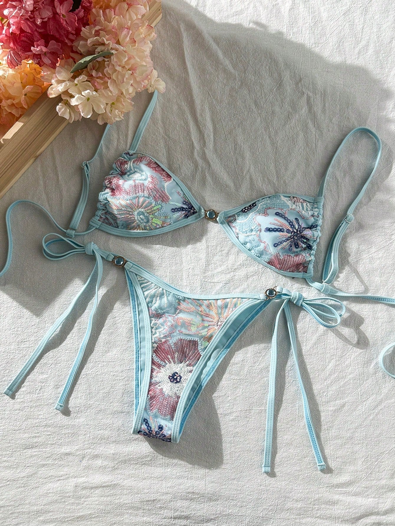 Swim Vcay Women's Light Blue Floral 2-Piece Swimwear Summer Transparent Beach Party Holiday Holiday Sequin Textured Blue Pearlescent Side Tie Bottom Set