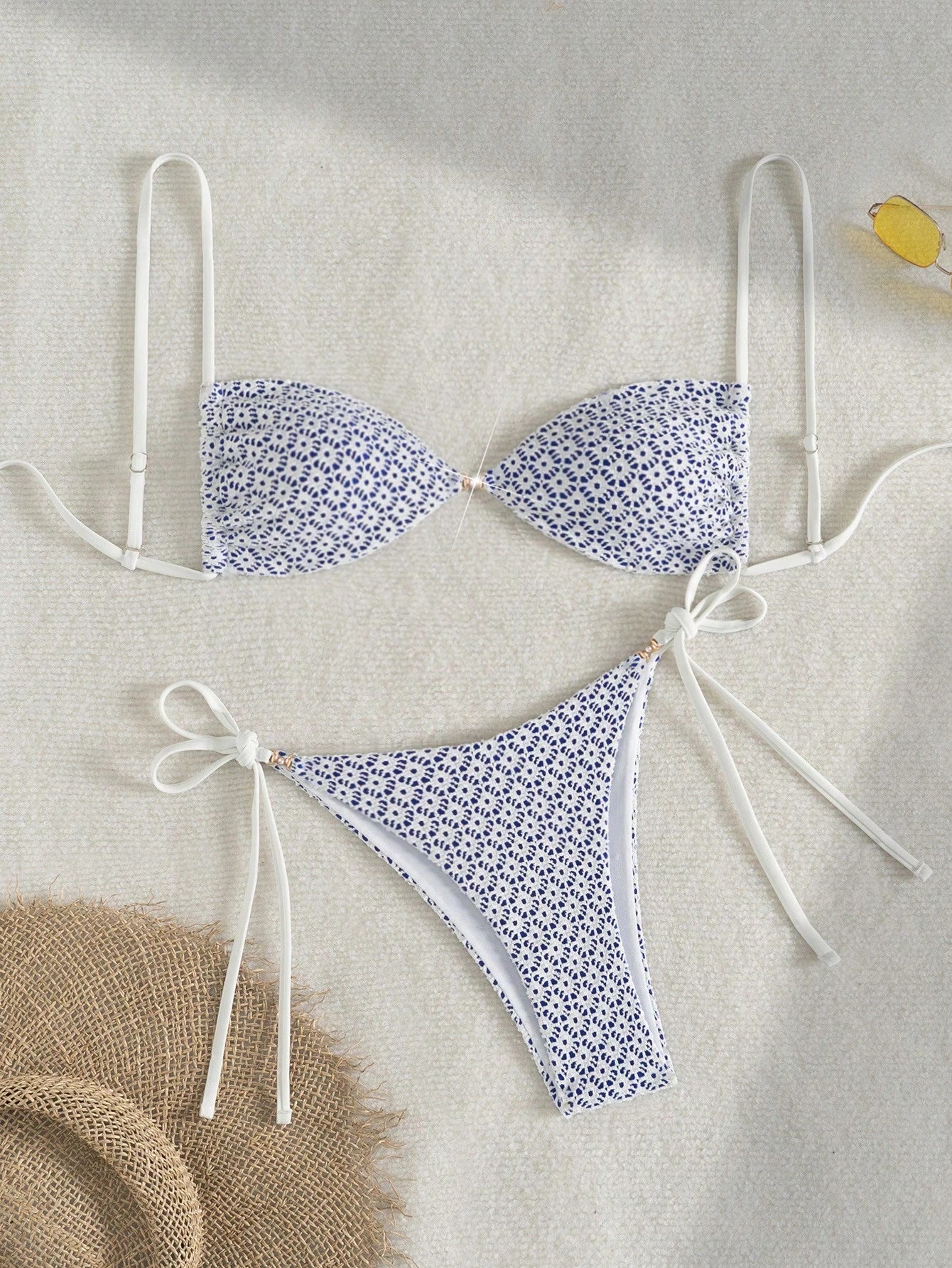 Swim Vcay Women's Light Blue Floral 2-Piece Swimwear Summer Transparent Beach Party Holiday Holiday Sequin Textured Blue Pearlescent Side Tie Bottom Set