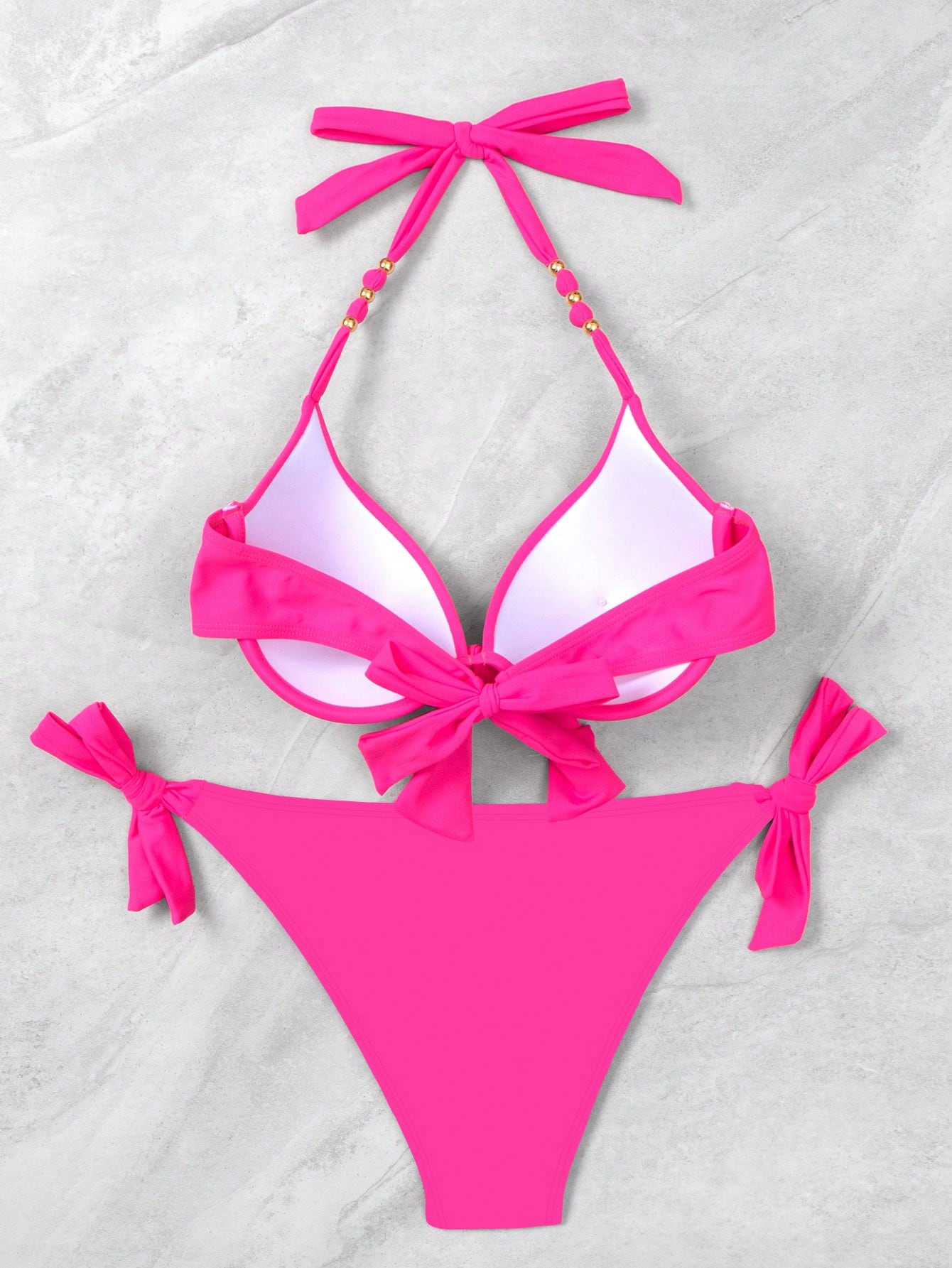 Swim Vcay Women's Pink Push Up Bikini Set,Summer Casual Beach Holiday Vacation Halter Neck Tie Swimsuit With Underwire And Gathered Design,Holiday Swimwear