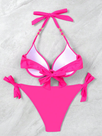 Swim Vcay Women's Pink Push Up Bikini Set,Summer Casual Beach Holiday Vacation Halter Neck Tie Swimsuit With Underwire And Gathered Design,Holiday Swimwear