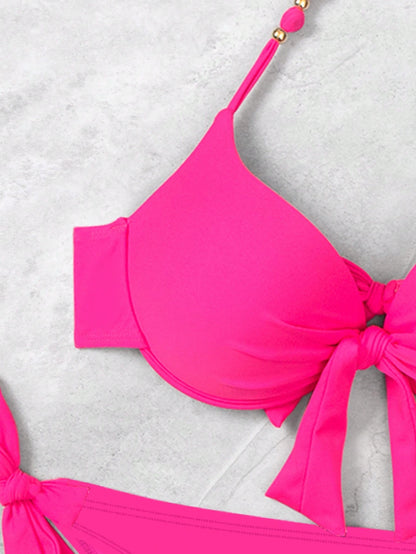 Swim Vcay Women's Pink Push Up Bikini Set,Summer Casual Beach Holiday Vacation Halter Neck Tie Swimsuit With Underwire And Gathered Design,Holiday Swimwear