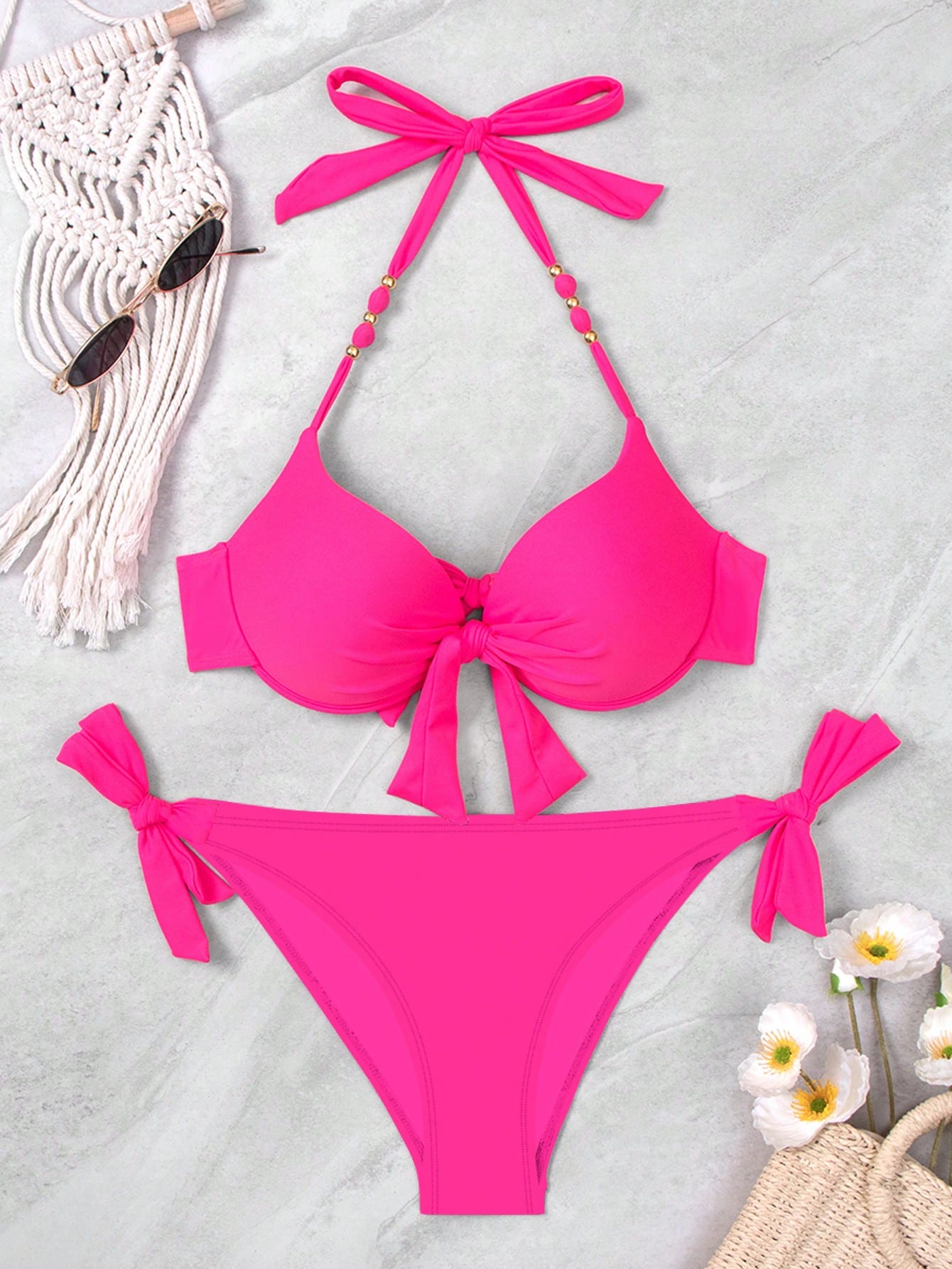 Swim Vcay Women's Pink Push Up Bikini Set,Summer Casual Beach Holiday Vacation Halter Neck Tie Swimsuit With Underwire And Gathered Design,Holiday Swimwear