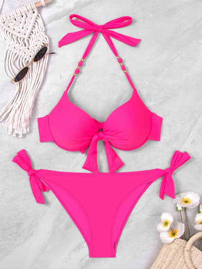 Swim Vcay Women's Pink Push Up Bikini Set,Summer Casual Beach Holiday Vacation Halter Neck Tie Swimsuit With Underwire And Gathered Design,Holiday Swimwear