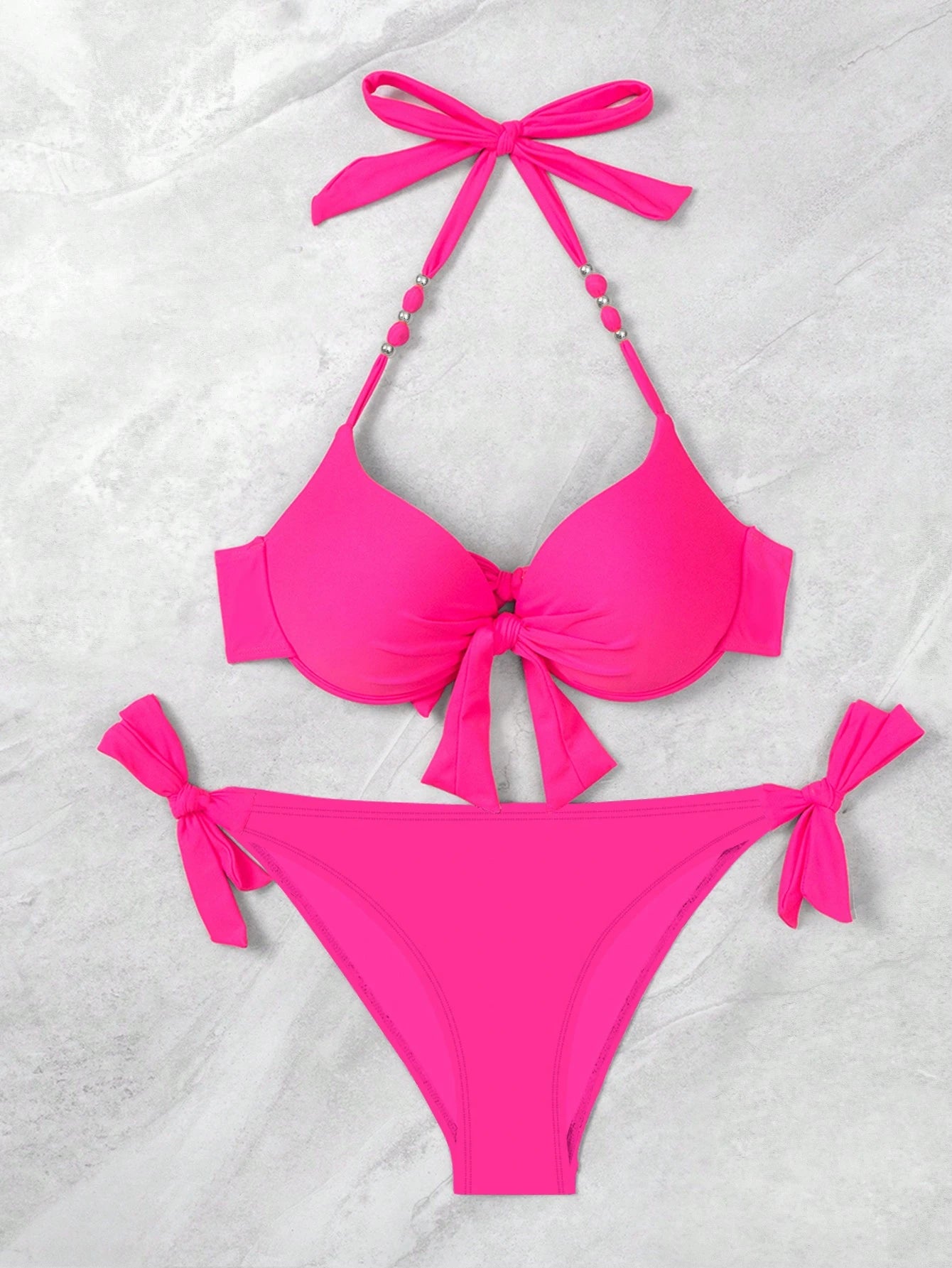 Swim Vcay Women's Pink Push Up Bikini Set,Summer Casual Beach Holiday Vacation Halter Neck Tie Swimsuit With Underwire And Gathered Design,Holiday Swimwear