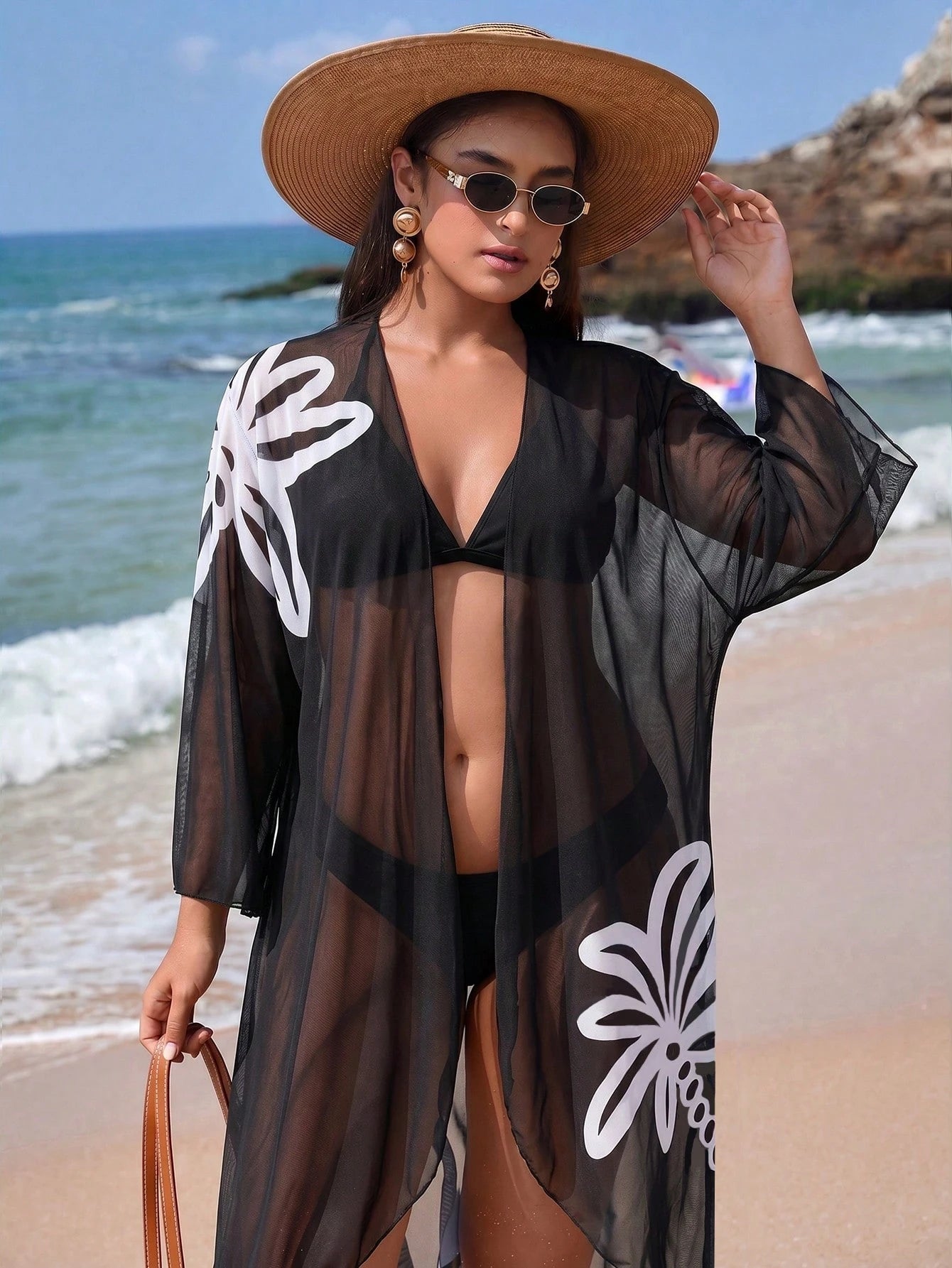 Swim Vcay Women's Plus Size Cardigan With Placement Floral Print, Loose Fit Vacation Beach Vacation Kimono Summer