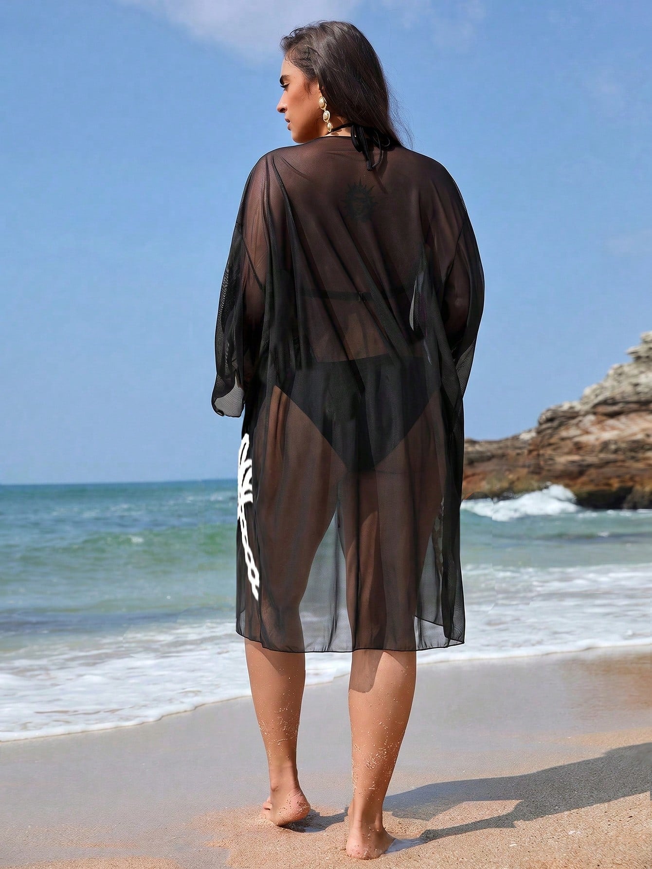 Swim Vcay Women's Plus Size Cardigan With Placement Floral Print, Loose Fit Vacation Beach Vacation Kimono Summer