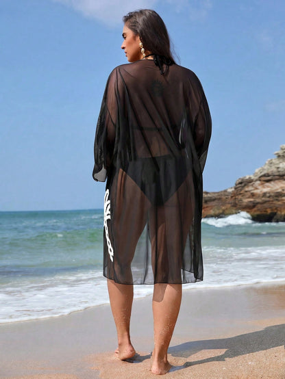 Swim Vcay Women's Plus Size Cardigan With Placement Floral Print, Loose Fit Vacation Beach Vacation Kimono Summer