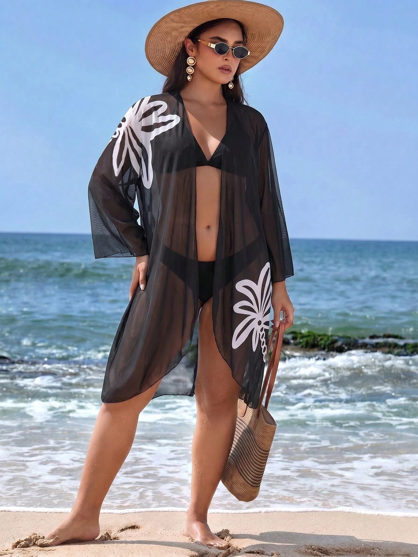 Swim Vcay Women's Plus Size Cardigan With Placement Floral Print, Loose Fit Vacation Beach Vacation Kimono Summer