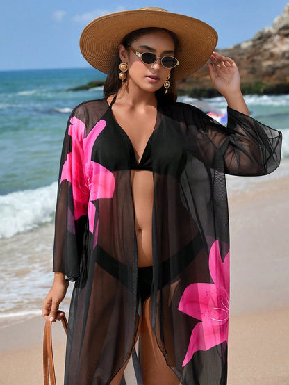 Swim Vcay Women's Plus Size Cardigan With Placement Floral Print, Loose Fit Vacation Beach Vacation Kimono Summer