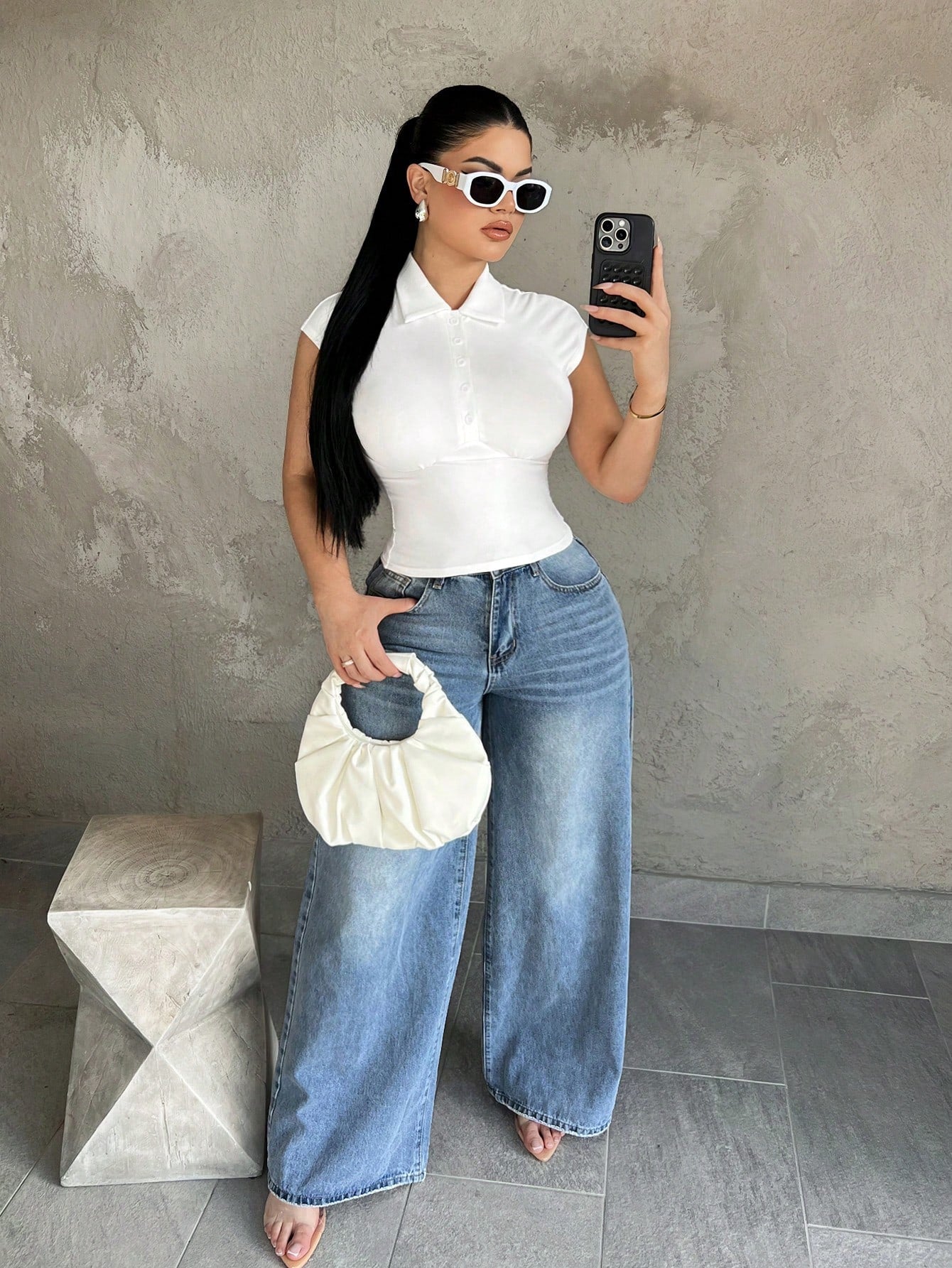 SXY White Summer Seksi Chic Night Out Women's Polo Collar Button Up Fitted Waist T-Shirt,Casual Solid Short Sleeve Summer Top,Elegant Business Blouse