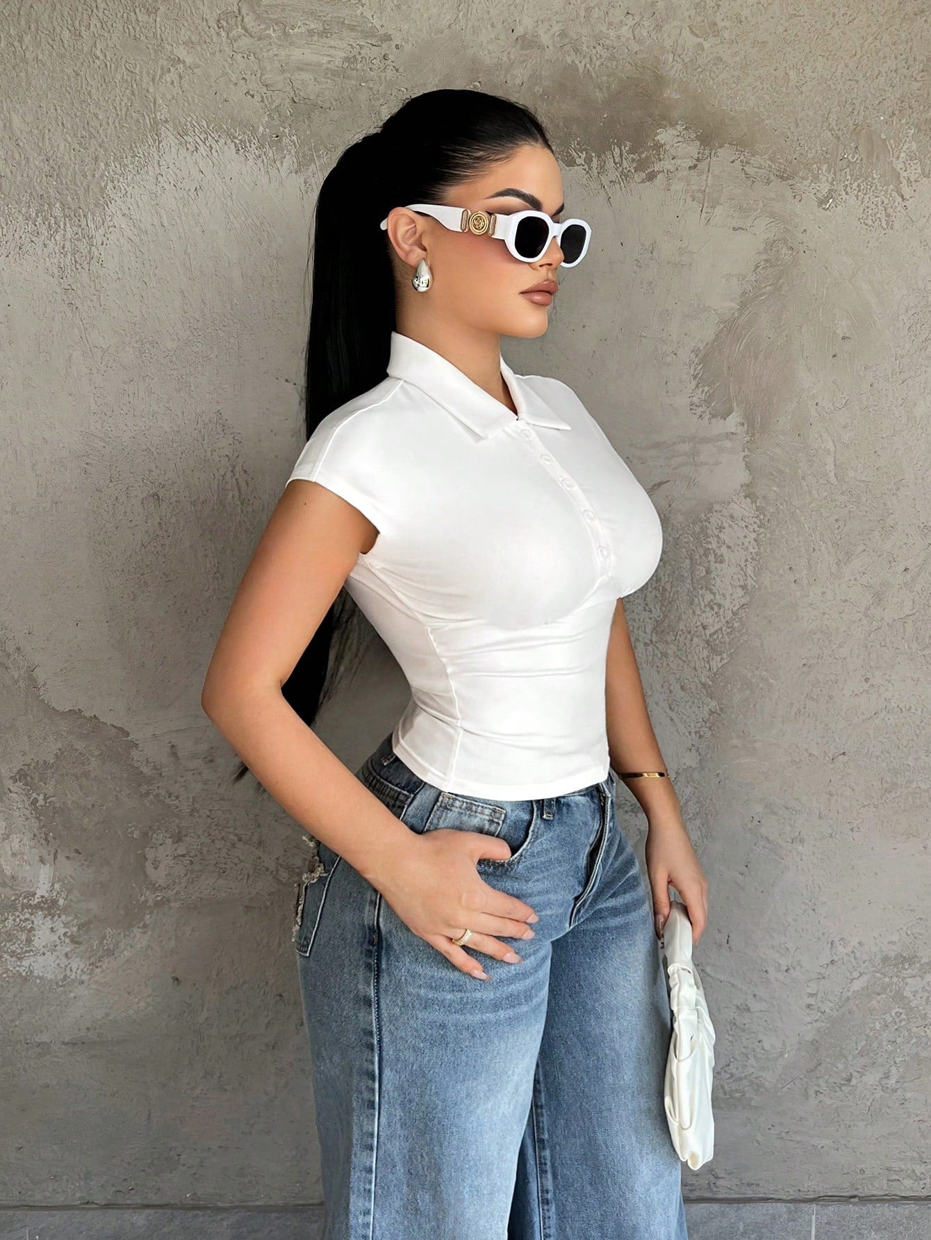 SXY White Summer Seksi Chic Night Out Women's Polo Collar Button Up Fitted Waist T-Shirt,Casual Solid Short Sleeve Summer Top,Elegant Business Blouse