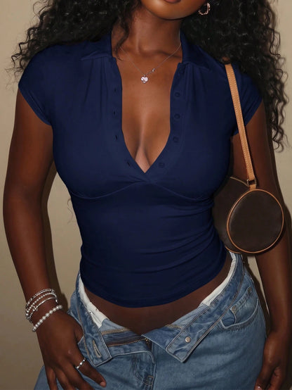 SXY White Summer Seksi Chic Night Out Women's Polo Collar Button Up Fitted Waist T-Shirt,Casual Solid Short Sleeve Summer Top,Elegant Business Blouse