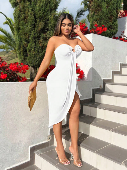 SXY Women White Strapless Summer Holiday Midi Dress