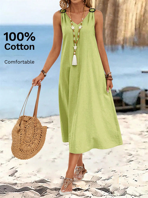 Sylviya Women's Summer Solid Color Circular Ring Buckle V-Neck Sleeveless Long Dress Dresses Cotton Casual Women Sundresses For Midi Length