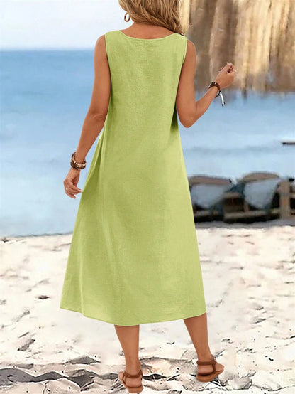 Sylviya Women's Summer Solid Color Circular Ring Buckle V-Neck Sleeveless Long Dress Dresses Cotton Casual Women Sundresses For Midi Length