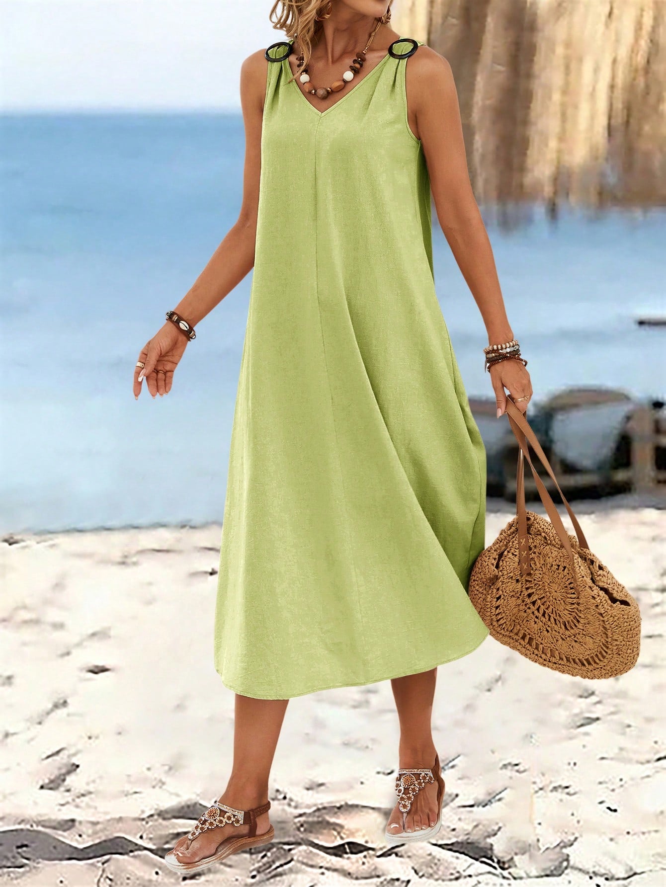 Sylviya Women's Summer Solid Color Circular Ring Buckle V-Neck Sleeveless Long Dress Dresses Cotton Casual Women Sundresses For Midi Length