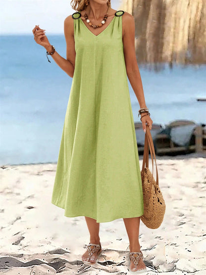Sylviya Women's Summer Solid Color Circular Ring Buckle V-Neck Sleeveless Long Dress Dresses Cotton Casual Women Sundresses For Midi Length