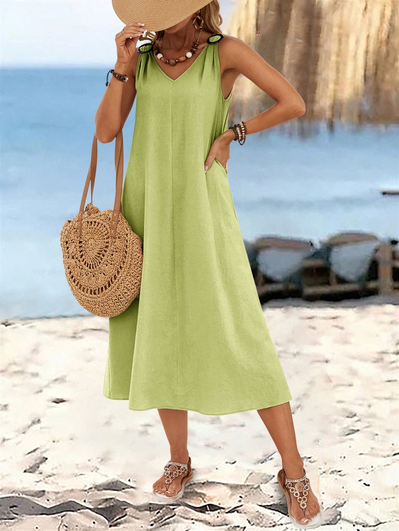 Sylviya Women's Summer Solid Color Circular Ring Buckle V-Neck Sleeveless Long Dress Dresses Cotton Casual Women Sundresses For Midi Length