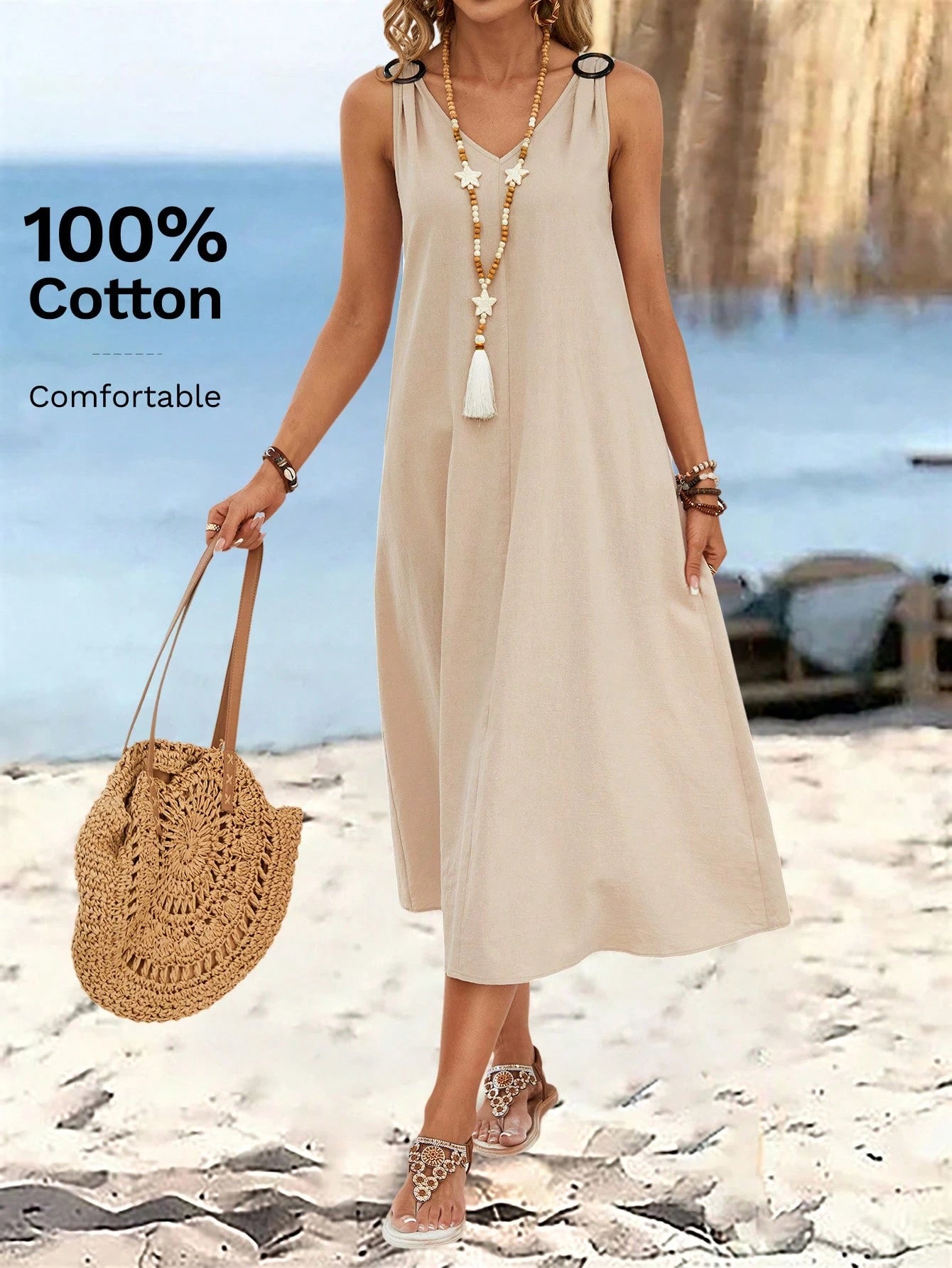 Sylviya Women's Summer Solid Color Circular Ring Buckle V-Neck Sleeveless Long Dress Dresses Cotton Casual Women Sundresses For Midi Length