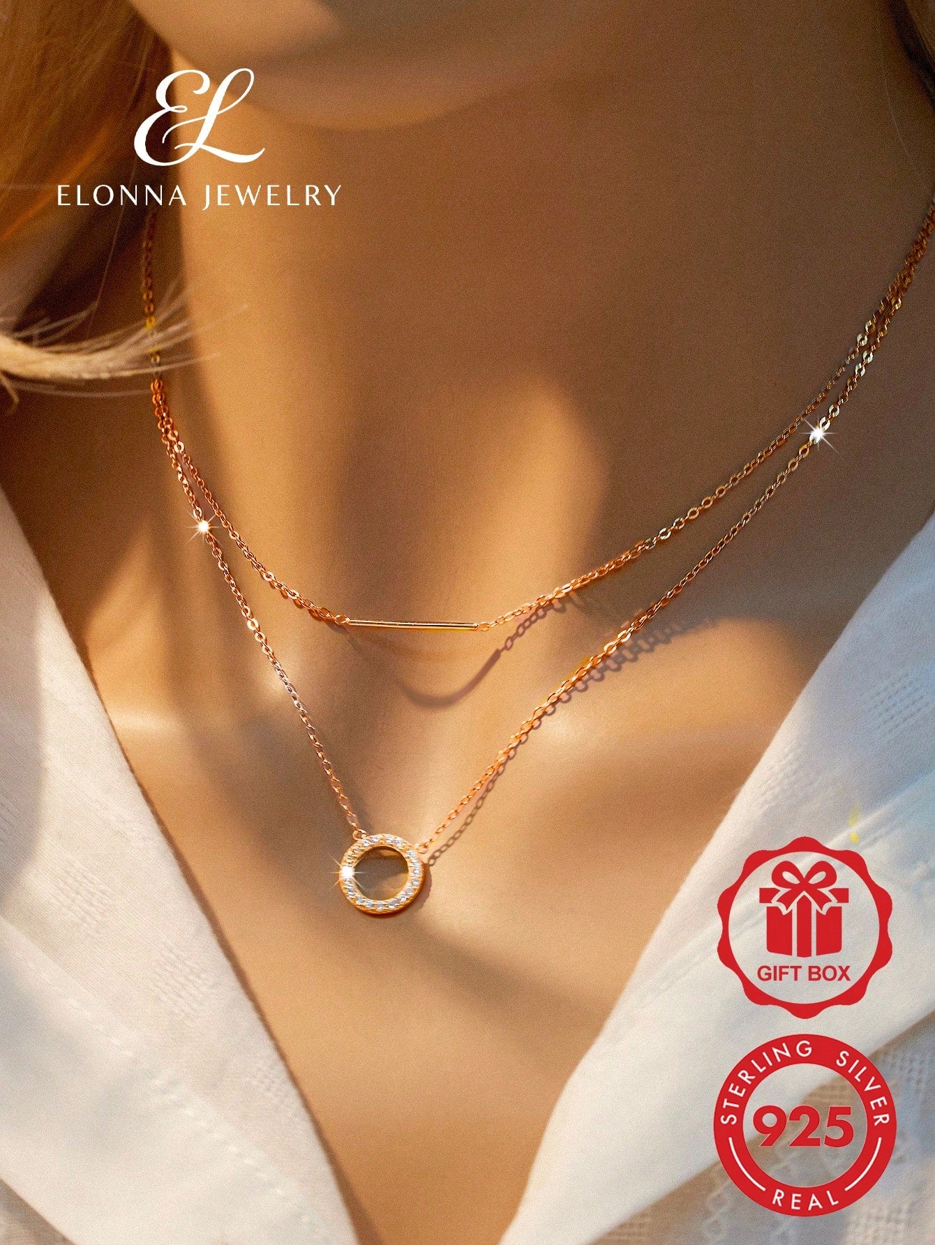 SYMFNY 1pc 925 Sterling Silver Rose Gold Round Open Cubic Zirconia Layered Bar Necklace